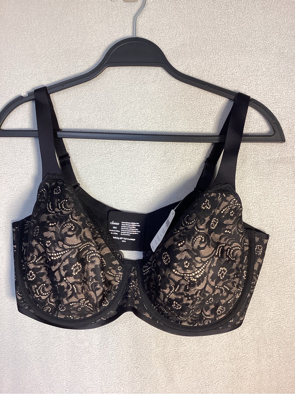 Soma Size 38G Enticing Lift Full Coverage Black Lace Overlay Underwire Bra New